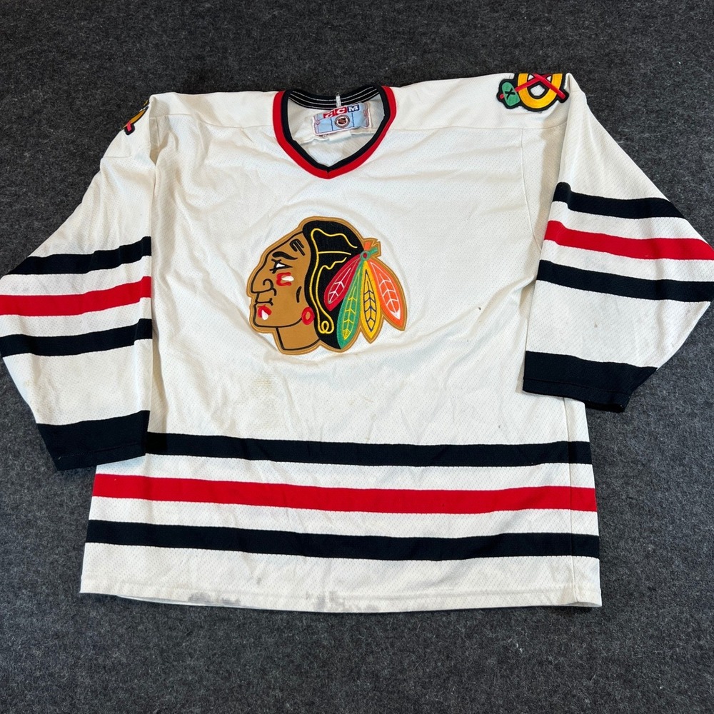 VTG Chicago Blackhawks NHL Hockey Jersey Shirt Mens XL White Striped Mesh CCM